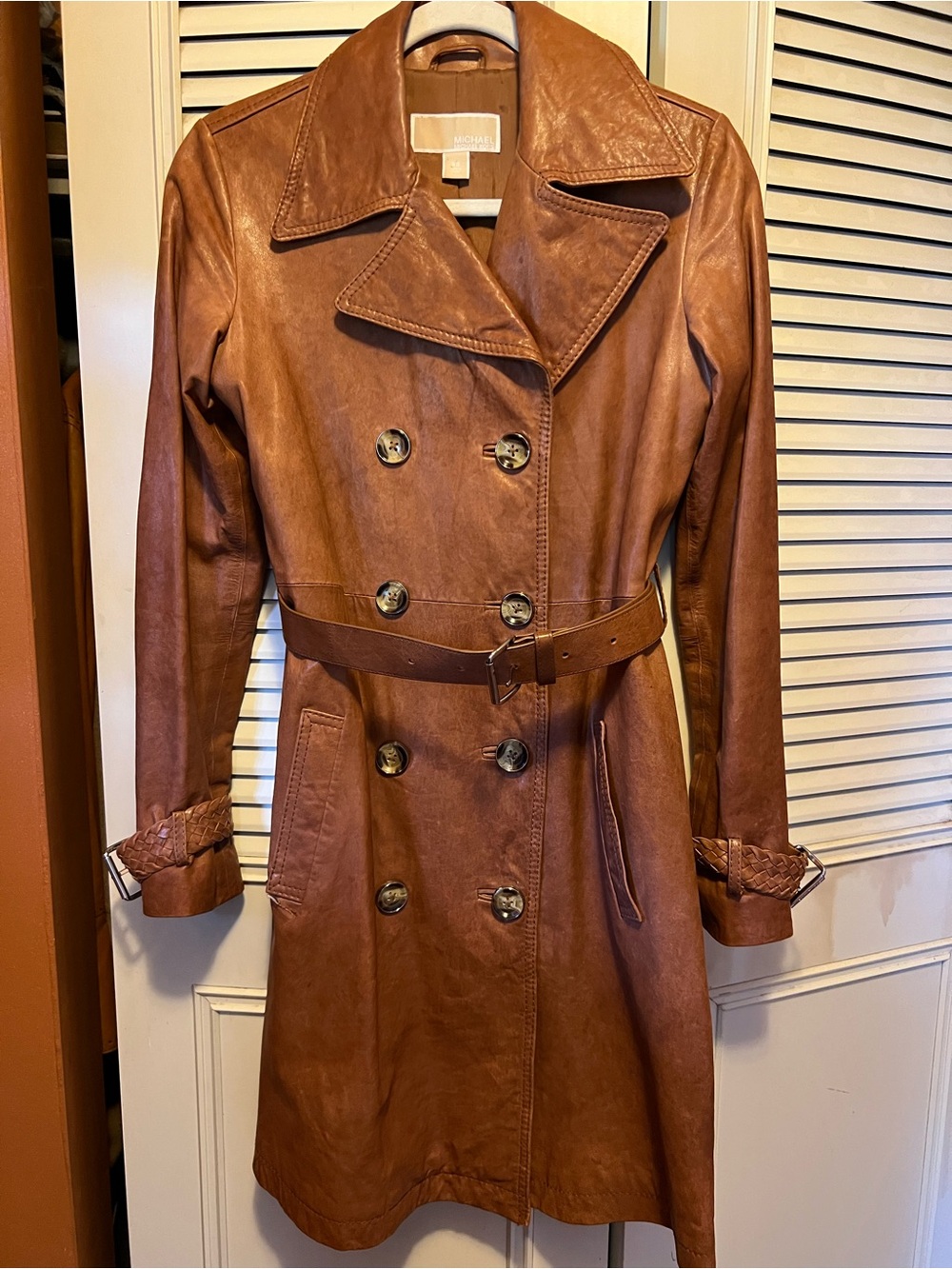 Michael Kors Leather Trench Coat - Brown Double-Breasted Belted Jacket